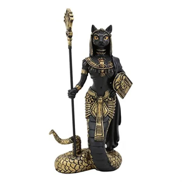 Ebros 11H 이집트의 고양이 여신 Bastet 고양이와 살해 된 뱀 Apep은 보건소의 수호자 인 11H Ubasti Bast의 꼬리로 모순적인 동상을 들고 이집트 신의 동상 (검은 색과 금색)을 수확합니다., 본상품