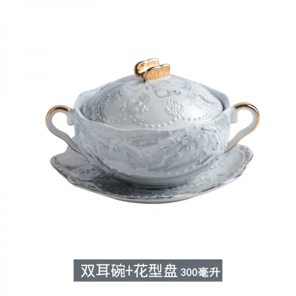 제비집 볼 디저트 유럽식 금테뚜껑 두귀 덮기 뷰티 자양분 물 건너 찜 옹기 작은 국그릇, 프놈펜 그레이 접시 덮개 원반