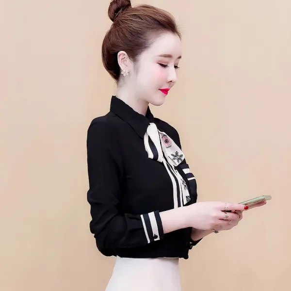 요루컴퍼니 리본 긴팔 쉬폰 블라우스 여 봄 이너 톱 셔츠 여성