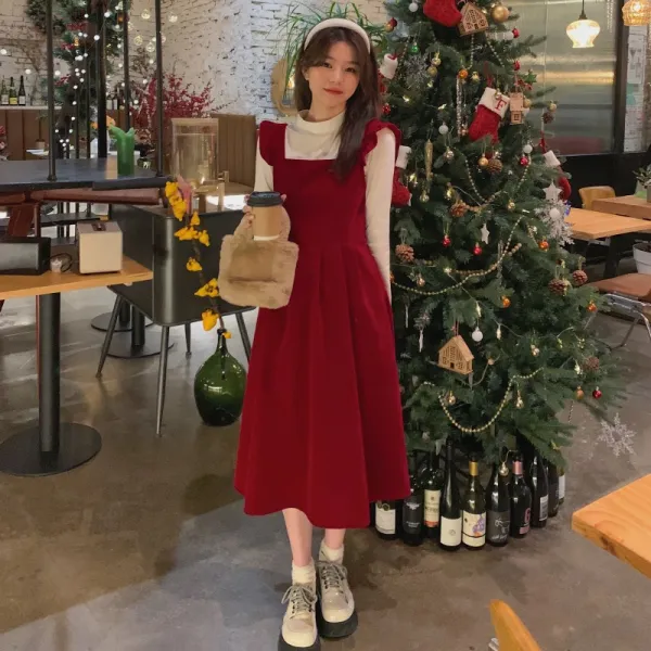 크리스마스 지나다 새해 빨간색 목귓가 벨벳 a자 멜빵 원피스 여춘 디자인감