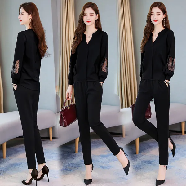 Okseller1 브이넥 긴팔 블라우스x일자바지 세트 캐주얼 슬림 우아한 나들이룩