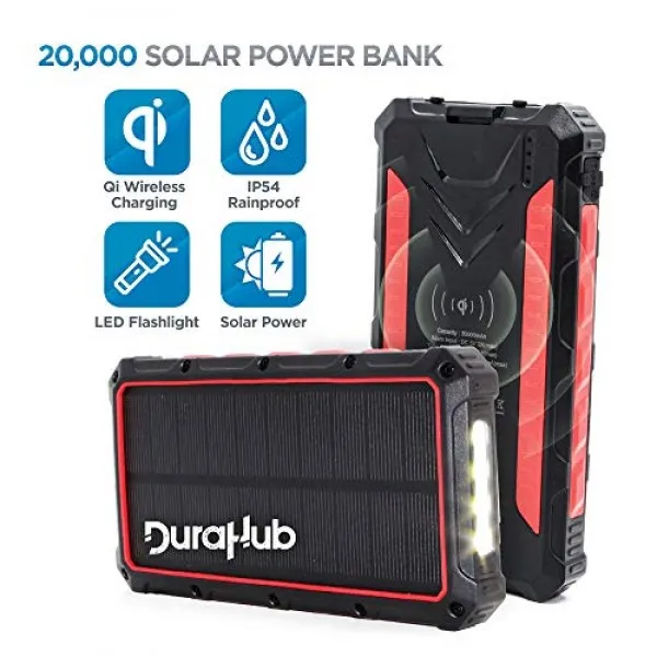 DuraHub-QI 무선 True 20000mAh 울트라 용량의 태양 광 발전 USB 배터리 뱅크-견고성 휴대 성 방수성-4 개의 충전 포