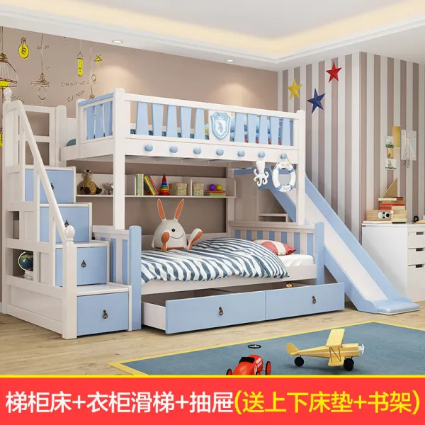 아파트 가구 침대 위하상 2층 침대 실목 교착식 다기능 상하 침대 엘리베이터+엘리베이터+미끄럼대+서랍(하상 침대+책꽂이)1500mm*1900mm, 상세페이지 참조
