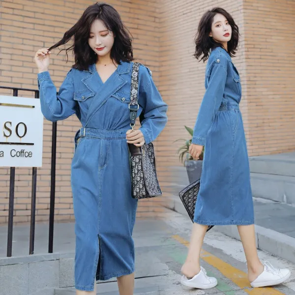 Okseller1 스트릿 시티룩 데님 랩 롱원피스