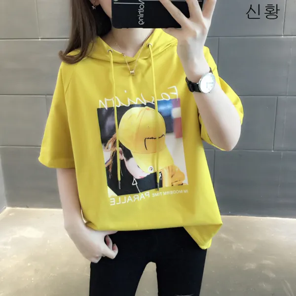Wx 2019여자 반소매 후드 캐주얼 티셔츠 반소매티 루즈핏 0505여름신상 A04