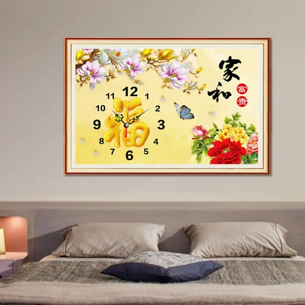 금기서화 (qinqishua) 거실 시계 다이아몬드 화가와 부귀 공작 괘종 다이아몬드 수공 자수 D 형 60*40cm 증정 시계 무료., 상세페이지 참조