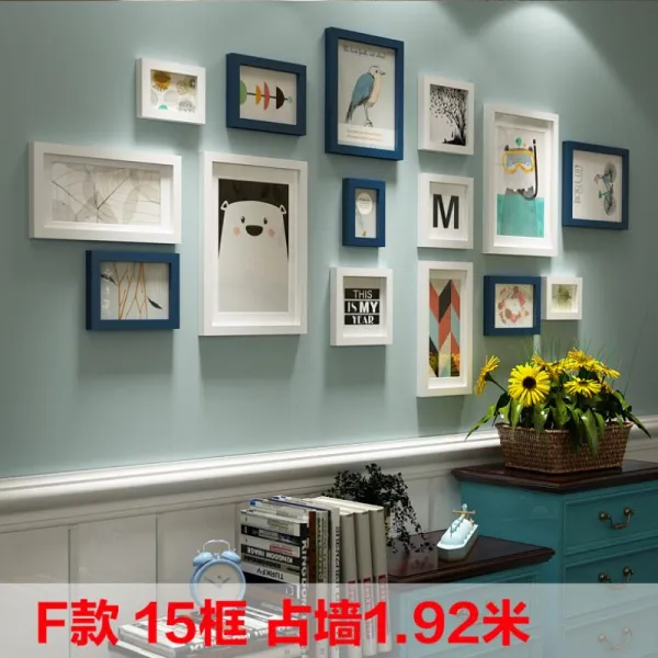 원목액자 실목 사진벽 모던심플 사진 벽조합 배경벽 가구 사진액자 인테리어 벽걸이 창의적 C06 F파란색과 흰색 투톤 마음을 보내 