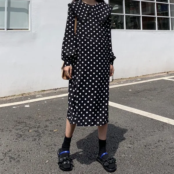 도트 카라 박시 가을 롱 원피스 빅사이즈 하객 며느리룩 큰옷 예복 A라인 돌잔치XL부터 4XL까지