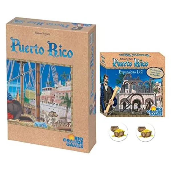 Puerto Rico Game Bundle of Base Game and Expansions 1 and 2 Plus 2 Treasure Buttons 9999993797898, One Color