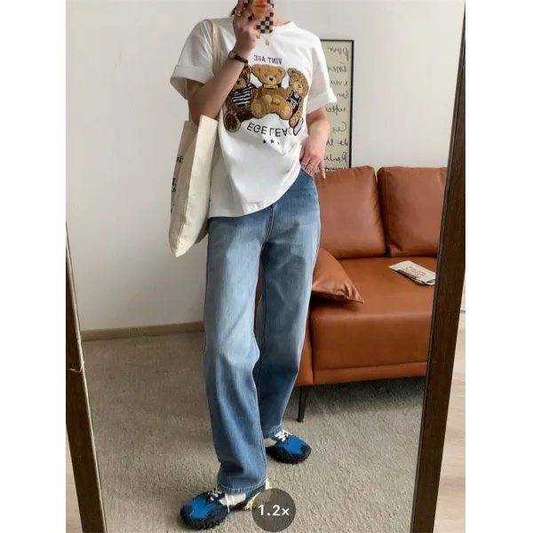 소향 시선 봄 한국판 워싱 데님 점차 파랗게 변하다 직통 넓다 다리 끌다 길다 청바지 여자