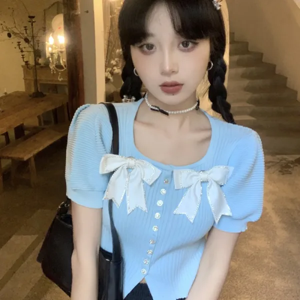 러블리제이샵 달콤하고 맵다 누이동생 퍼프 여성 여름 CHIC 디자인 감각 보이핏 볼륨 숏