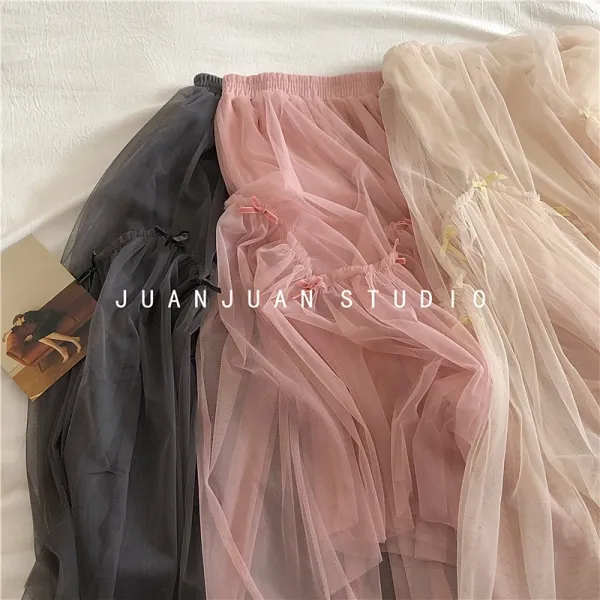 롱밴딩스커트 개인용 정밀 벨벳 작은나비 치마꼬리 밴딩 망사 반신 롱스커트