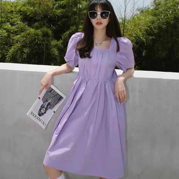 BAROBARO 여자 스모크 셔링 밴딩 여름 원피스 언성 오프숄더 퍼플원피스 여하방넥반팔주름수트미디스커트