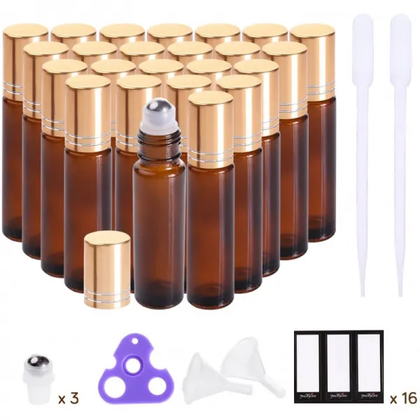 오일용 롤러 병 (앰버 유리 24 팩 엑스트라 스테인레스 스틸 볼 4 개 라벨 48 개 오프너 2 개 깔때, 1