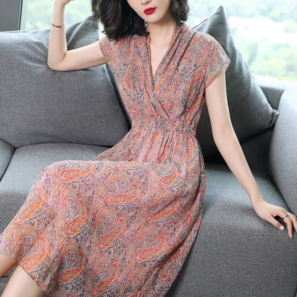 플라워 쉬폰 원피스 학을 다하여 기뻐하다 여름 브이넥 하프기장 허리보정 보여 슬림 프린팅