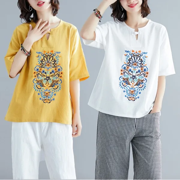 REDLIFO 여성 린넨 빅사이즈 티셔츠 름 라지 성 빈티지 에스닉 자수 반버튼 브이넥