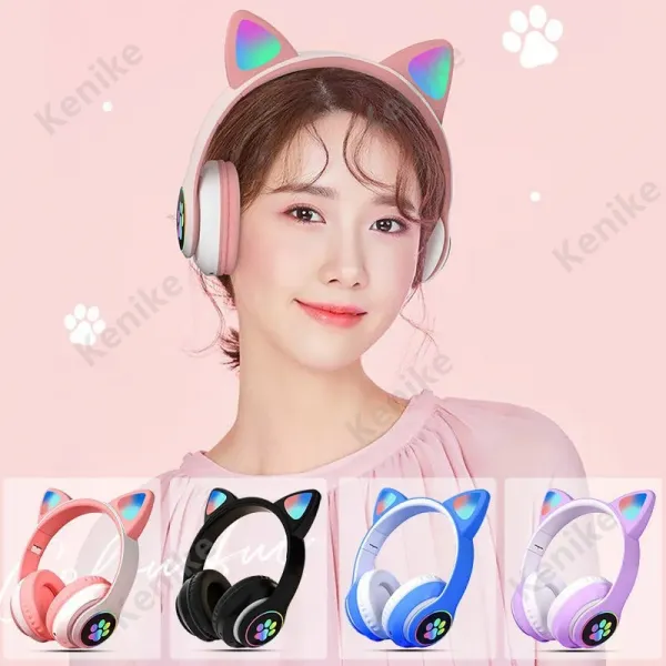 KONIYCOI 깜찍한 고양이귀 LED 라이트닝 무선 블루투스 헤드폰 음악감상 학생 게이밍 블루투스 5.0+EDR LED호흡등 HIFI급 음질, 녹색