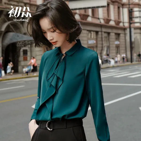 2020 봄 네트 레드 블라우스 여 디자인 소들 경량 숙 빈티지 항 미온 소프트 탑 벨트 셔츠