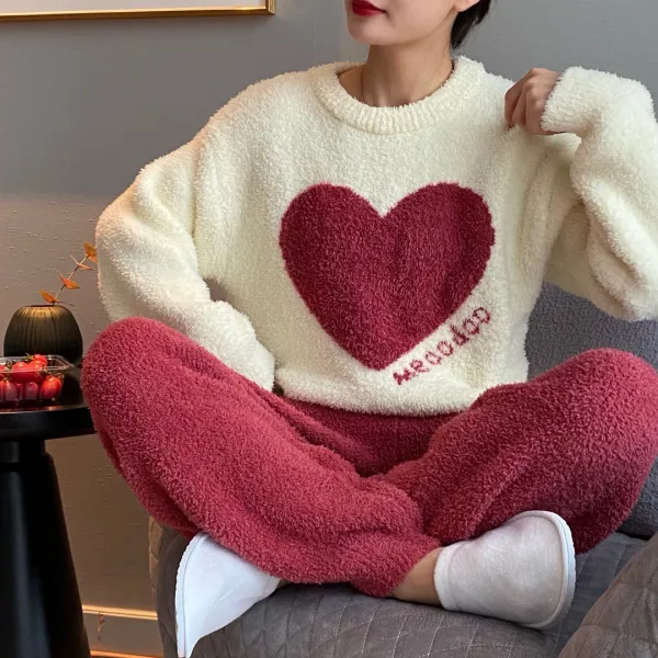 작은 저택 따뜻함 부드럽다 사랑하트 잠옷바지 여성 두꺼운 플란넬 패밀리 게으르다 실내복 홈웨어
