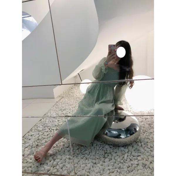 플레어스커트 (여신 원피스)2020가을옷 뉴타입 확성기 망사 긴팔 미들롱타입 여성원피스