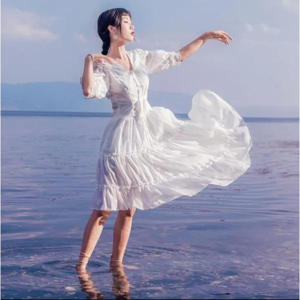 브이넥 플랫카라 레이스슬리브 층층스커트 원피스