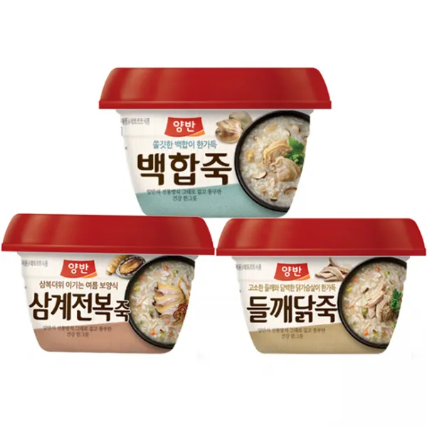동원 삼계전복죽 들깨닭죽 백합죽 270g 3종택1 x24개, 24개, 양반 백합죽 270g