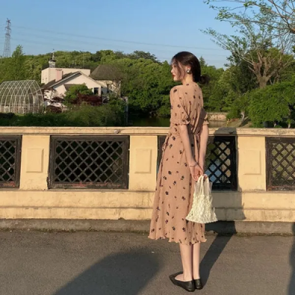 HOLA 레트로 롱 스윙 주름 스커트 초록빛 채소 먹고 낙조 장미 원피스 허리 접는 법식 복고 hola-000107995