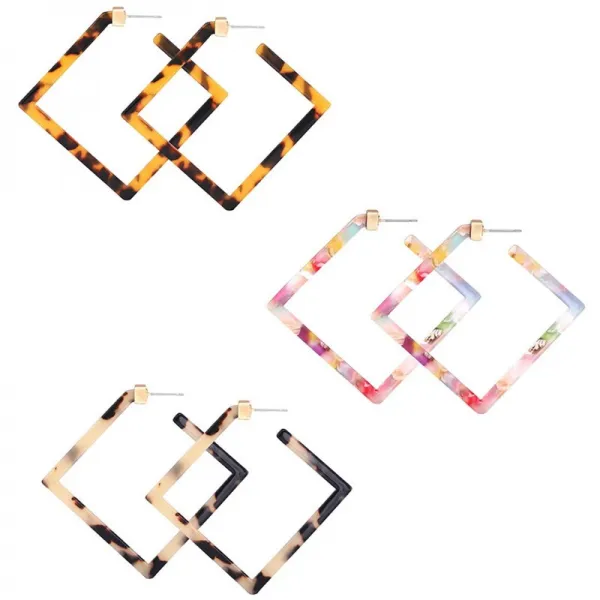LPONAcrylicEarrings성명서 사각형 홈 링 형상의 수지 토르토이스 스터드 귀걸이 여자 아이들을 위한 중