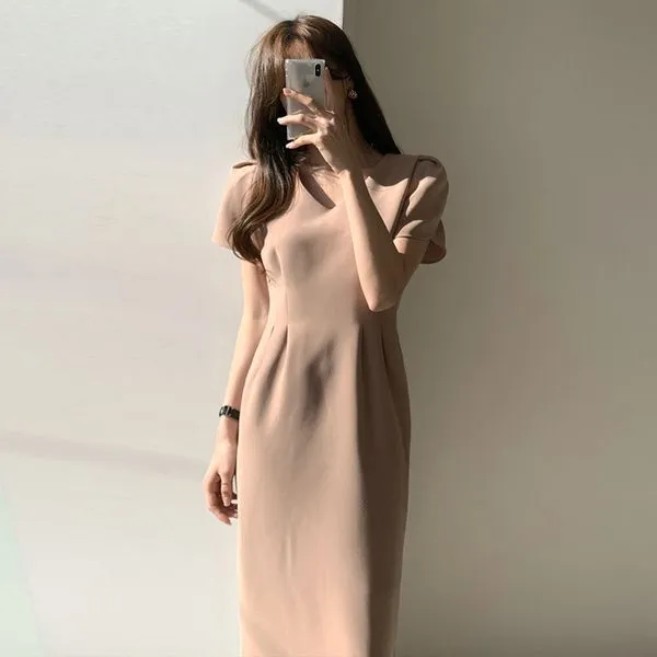아나운서 오피스룩 우아한 브이넥 슬림핏 결혼식 하객 상견례 옷차림 핀턱 롱 원피스 (2color)