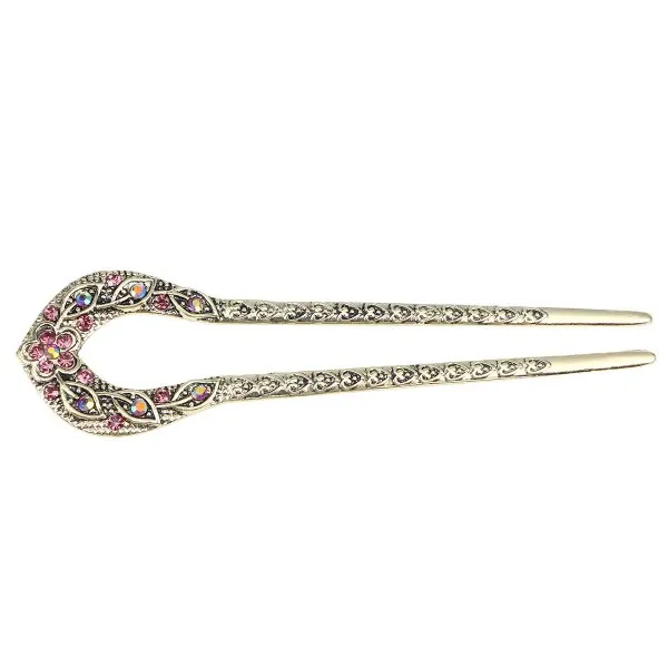 Lurrose 빈티지 정신 헤어 포크 U 자형 크리스탈 Chignon HairPin 헤어 스틱 헤어 스타일 액세서리 (보라색)