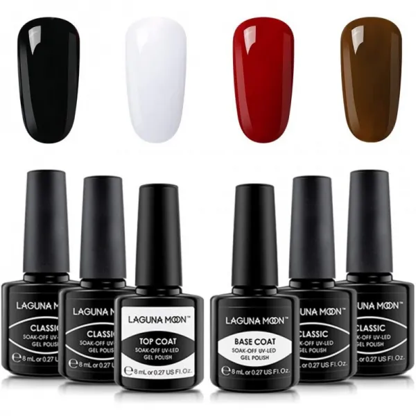 라구나문 겔 네일 폴리쉬 믹스 4가지 컬러 블랙 화이트 레드 브라운과 베이스 및 탑코트용 Sockch Off Uv Led 매니큐어 세트 1 단일옵션