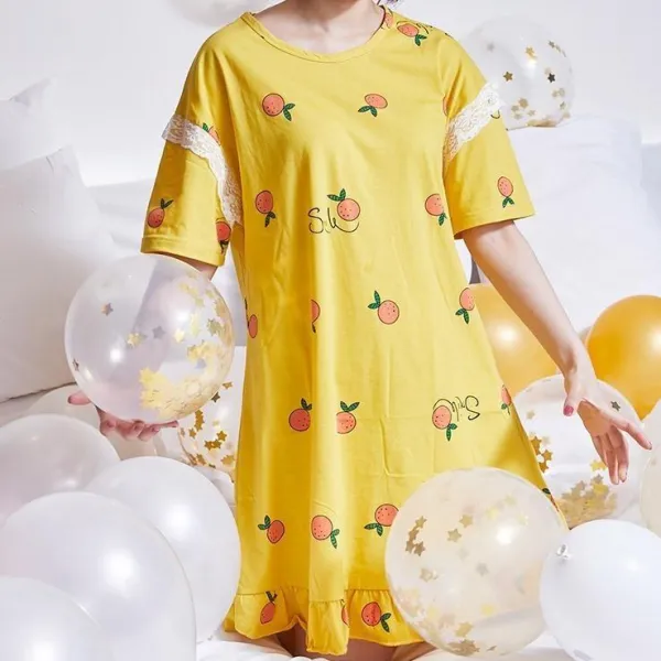 모모라 만족감 좋은 오렌지 패턴과 2만원대 선물 화사한 컬러감으로 귀엽고 발랄한 이미지를 연출하는 원피스 잠옷 감귤레이스 Yellow E 925256