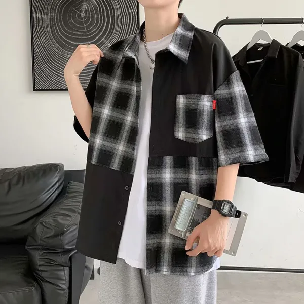 도리파이 블랙체크셔츠 체크난방 남자핏반팔 트렌드 뚱보 여름 오버핏 빅사이즈 청 소년 와이드 루즈핏 레저셔츠