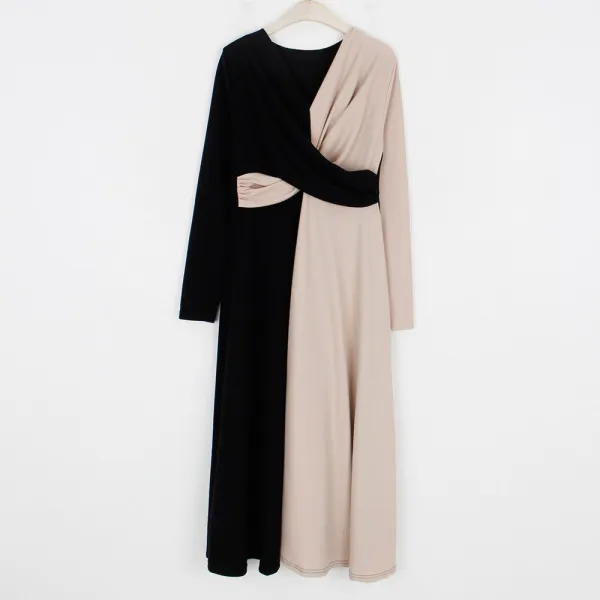 퍼니걸스 꼬임 배색 롱 원피스_8827