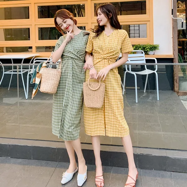 패션이루 셔링 체크 롱 원피스 여성 반팔 여름 캐주얼 H라인