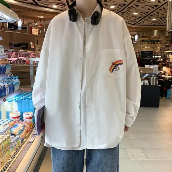 캐쥬얼 와이드 COOKU 트렌드 가을 커플 오버핏셔츠 무지개 색상 탑코트 남성 홍콩, M95-115근가능입다화이트수장_관심을가지다우선출프리