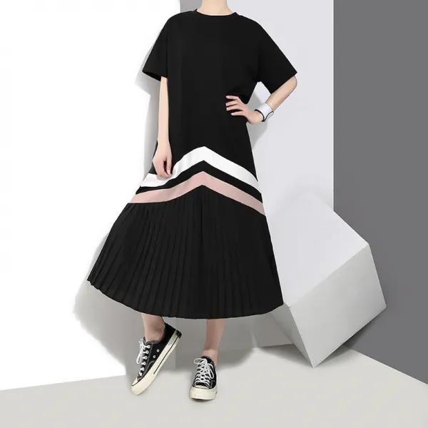 패션이루 반팔 라운드넥 쉬폰 미시 원피스 플리츠 여름 오버핏