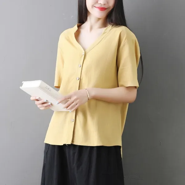 패션이루 린넨 캐주얼 블라우스 헨리넥 셔츠 여름 반팔 루즈핏