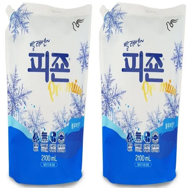 [몽둥이네마트] 피죤 섬유유연제 블루비앙카향 2100ml 리필형 파우치 피존 세탁 세제 향기로운 대용량, 2개