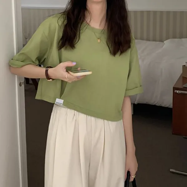 네모엔룩 여성용 핀턱크롭 라운드넥 반팔 숏 티셔츠