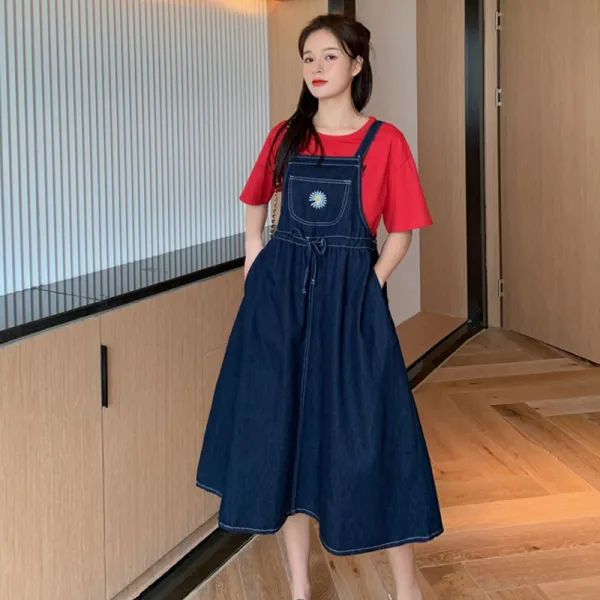 여름 패션 엄마 얇은 데님 멜빵 스커트 루즈 순면 티셔츠 여 임산부 산전수전