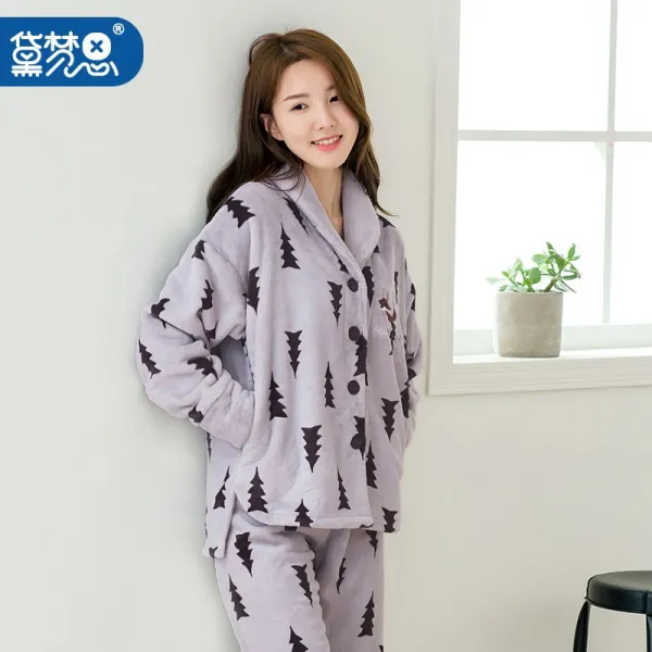 여자홈웨어 플란넬 잠옷 여성겨울 계절긴팔 홈웨어 세트포장 두꺼운 산호벨벳 카디건 여성