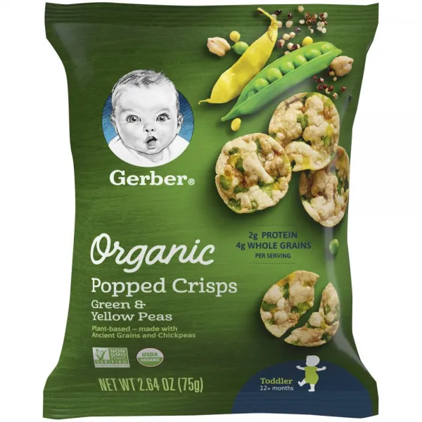 Gerber Organic Popped Crisps Green & Yellow Peas 아기 간식 거버 오가닉 팝 크리스프 그린&옐로우 피 2.64oz(75g) 4팩