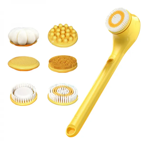 Keka 전동 바디 브러쉬 등드름 브러쉬 자동 때밀이 샤워브러쉬 목욕솔 실리콘 6가지 헤드 충전식 노란색
