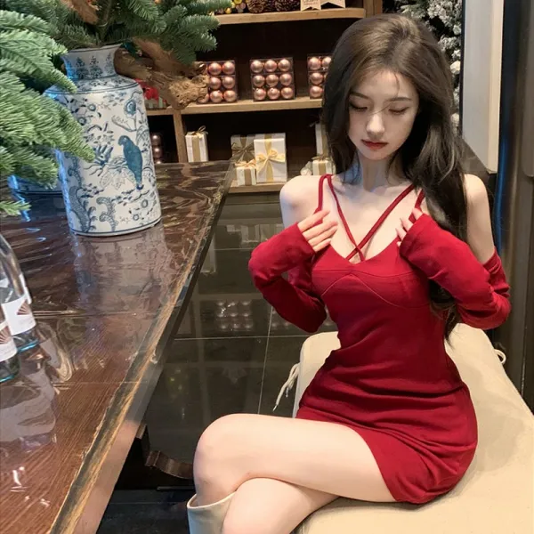 끈나시 뷔스티에원피스 낭만심 움직이다 교차 디자인 여성 2022 봄계절 슬림 보여 니트 3650970764, 레드 S