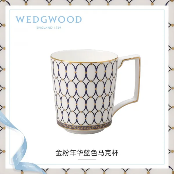 wedg wood 화려 하 게 살 아 있 는 금가루 연 휴 파란색 머 그 컵 골자 컵 커피 잔 찻잔 유럽식 선물케이스 금년도 파란색 머 그 컵, 상세페이지 참조