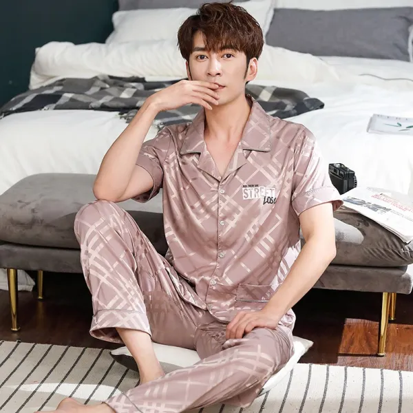 돈벼락몰 실내복상하세트 잠옷 실얼음 감각 반팔 긴바지 라이크 레이스 공단원 오버핏 빅사이즈 남자 타입