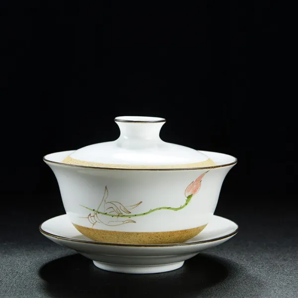 옛 망격 도자기 삼재 정요 핸드페인팅 연봉 도 흙 덮기 그릇 경 찻사발 컵 손에 물집 매긴 페인팅 핸드 연꽃 덮개 접시 1