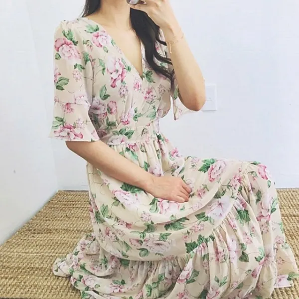  반하걸 무료배송 2color 랩스타일 여름 반팔 플라워 쉬폰 롱원피스