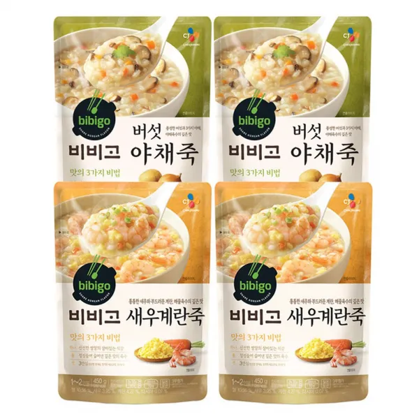  상온 비비고 새우계란죽450gx2개+버섯야채죽450gx2개 1세트
